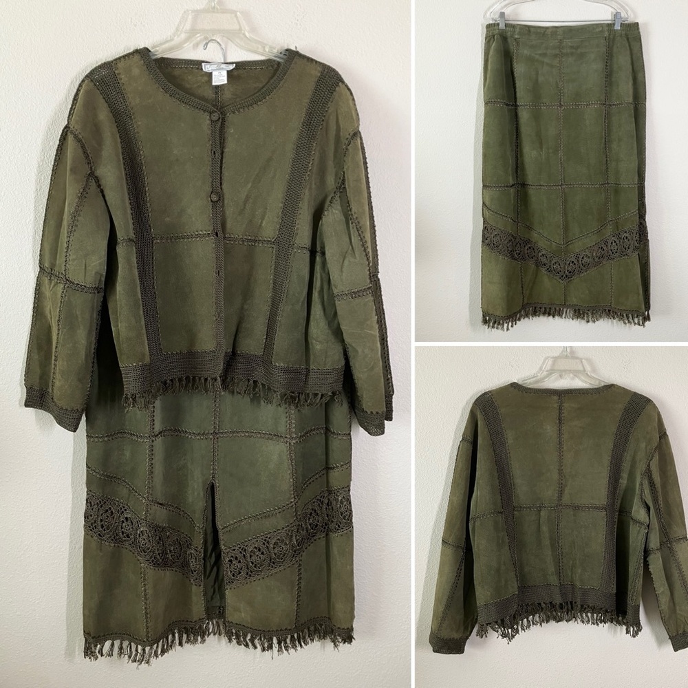 VINTAGE Suede Jacket & Skirt Set Crochet Western Cowgirl Boho Olive Green 2X - Picture 15 of 16